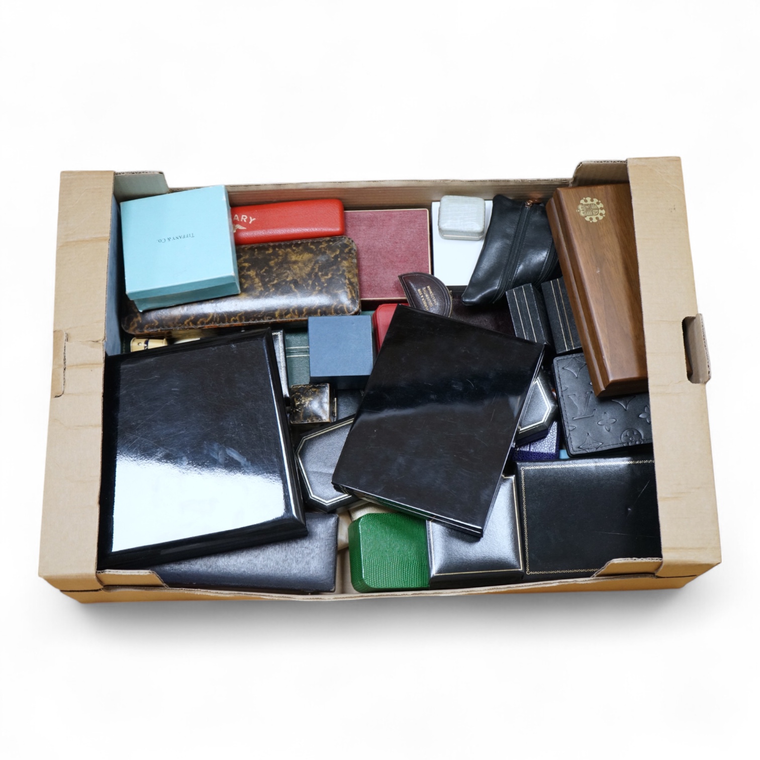 A large collection of assorted jewellery and other boxes, including J.W. Benson and Tiffany & Co.